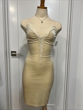 Cream Lace-Trim stretch velvet Slip Dress